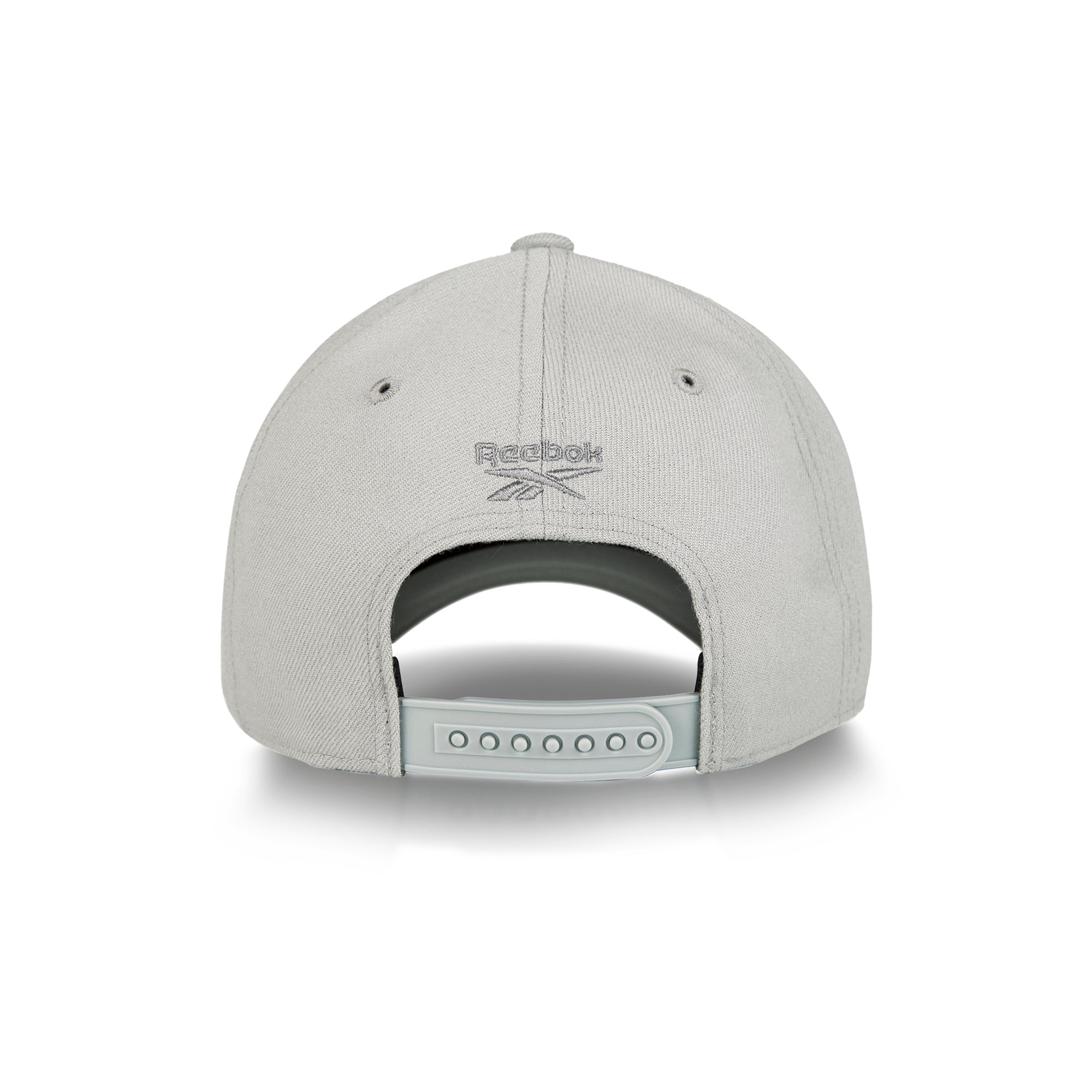 The Reebok Vector Baseball Cap in light gray is shown from the back, highlighting its adjustable snapback closure and embroidered classic Reebok logo above the opening.