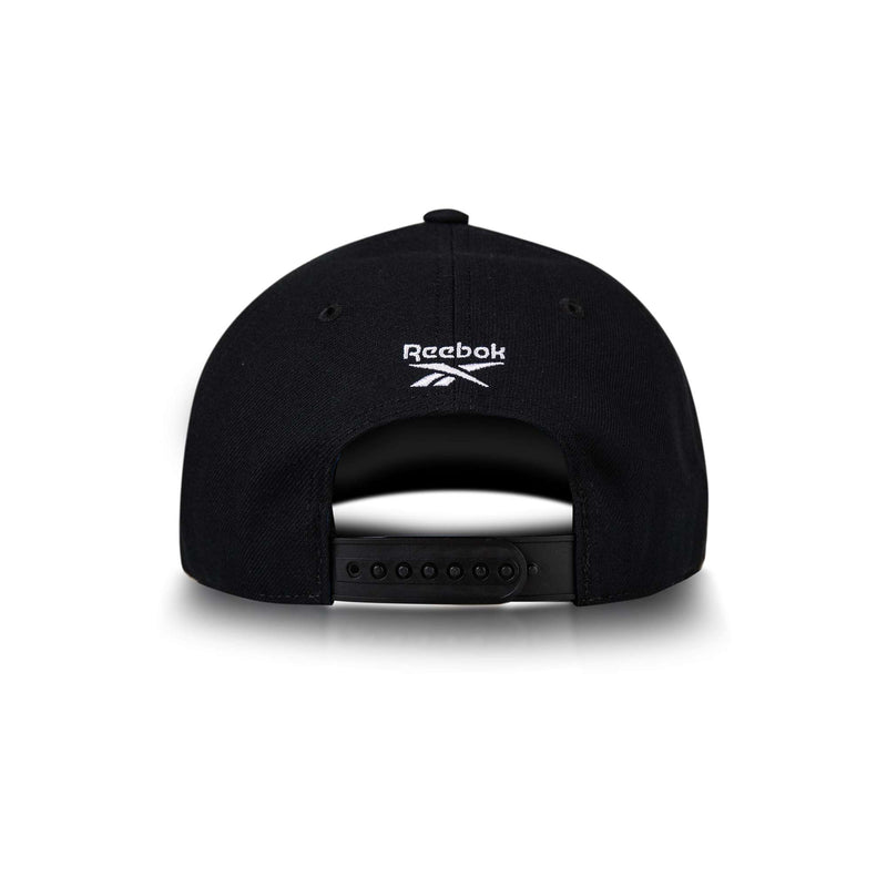 A black Reebok Vector Baseball Cap viewed from the back, featuring an adjustable snapback closure and a white embroidered Reebok logo above the opening.