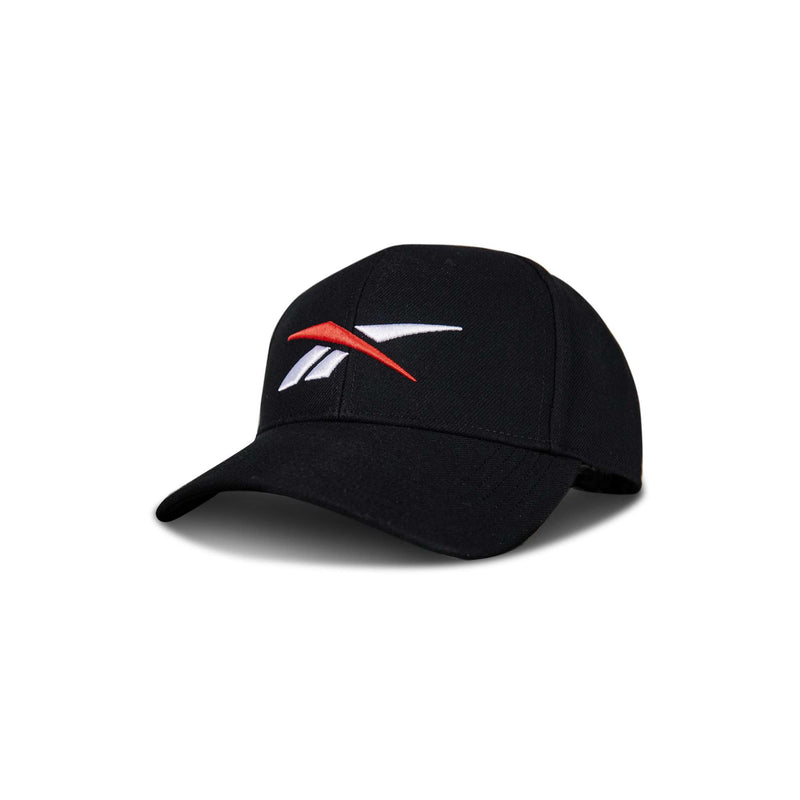 The Reebok Vector Baseball Cap is black with a white and red abstract logo on the front, photographed against a plain white background.