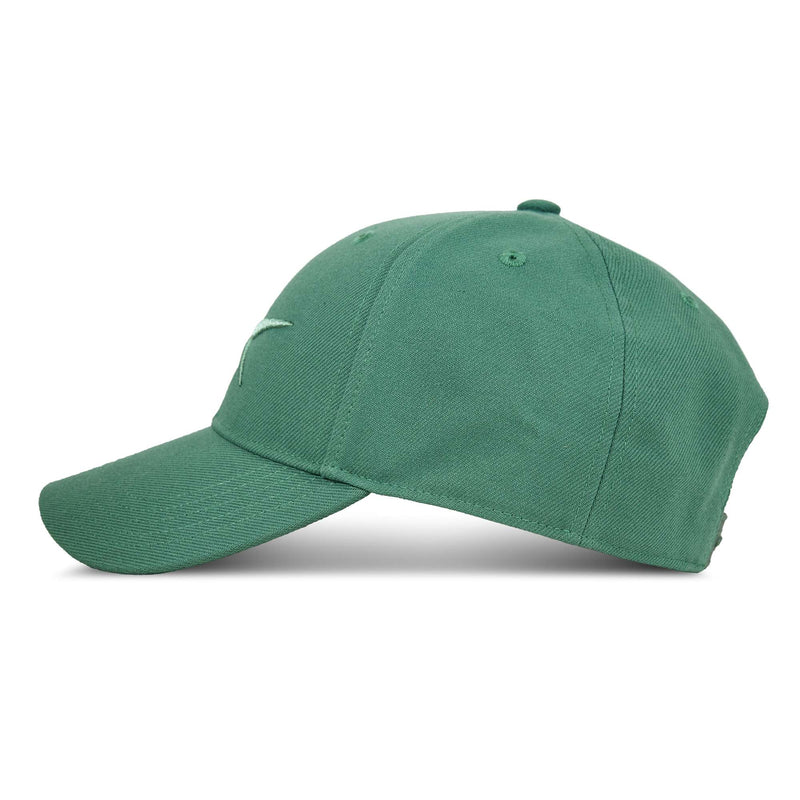 The Reebok Vector Baseball Cap, shown from a side angle on a white background, features a green color, curved brim, small embroidered front logo, and an adjustable snapback closure for comfort.