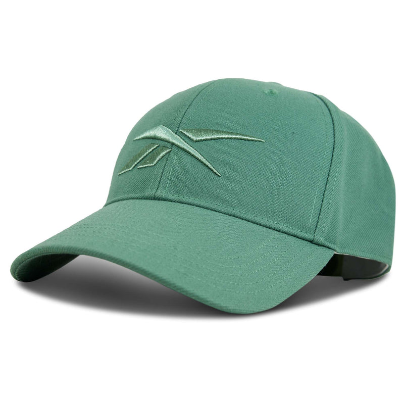 The Reebok Vector Baseball Cap in green features an embroidered abstract front logo, sustainable design, and an adjustable snapback closure for comfort. Displayed on a plain white background.