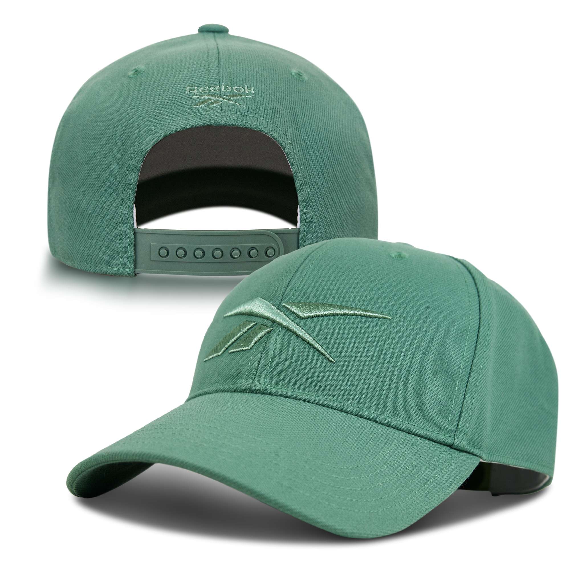 The Reebok Vector Baseball Cap is shown front and back. It features a curved brim with an embroidered Reebok logo, plus an adjustable snapback and the Reebok name above the rear opening.