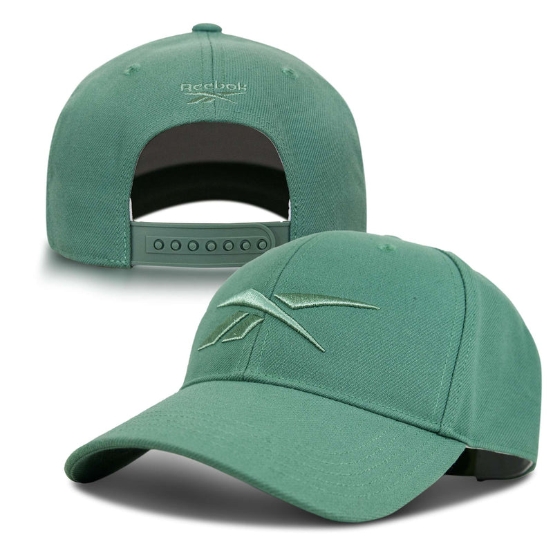The Reebok Vector Baseball Cap is shown front and back. It features a curved brim with an embroidered Reebok logo, plus an adjustable snapback and the Reebok name above the rear opening.
