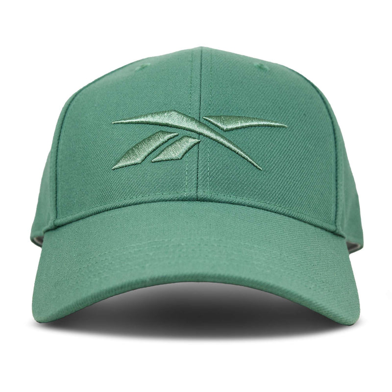 Reebok Vector Baseball Cap in green with a curved brim and front embroidered logo, shown on a white background. Includes an adjustable snapback for a custom fit.