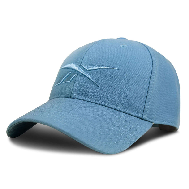 The Reebok Vector Baseball Cap in light blue features a curved brim, an embroidered abstract logo on the front, and an adjustable snapback closure. It's shown against a white background.