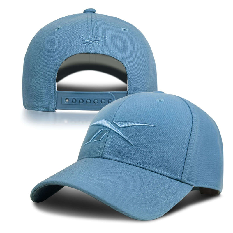 A light blue Reebok Vector Baseball Cap is shown from front and back, featuring an embroidered Reebok logo on the front and an adjustable snapback closure on the back for a custom fit.