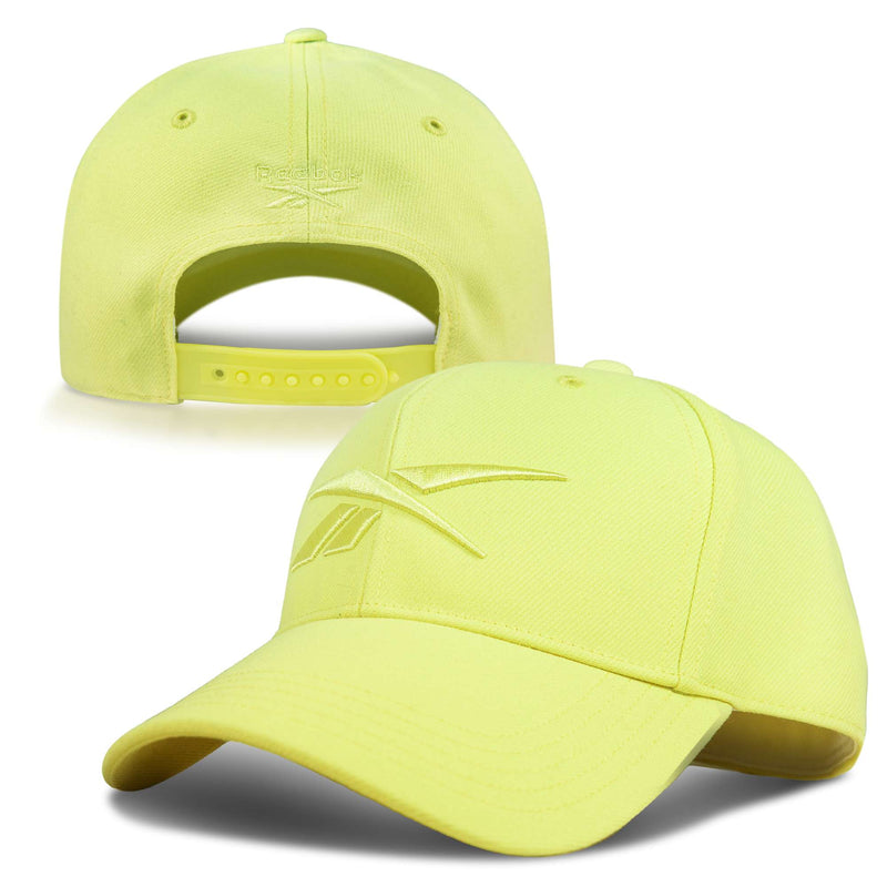 A bright yellow Reebok Vector Baseball Cap is displayed from the front and back, featuring a raised logo on the front and an adjustable snapback with embroidered Reebok text on the back.