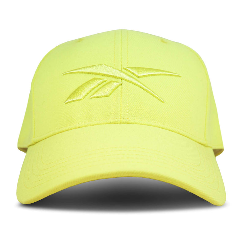 The Reebok Vector Baseball Cap features a yellow, monochromatic design with a curved brim, embroidered front logo, and adjustable snapback closure for comfort.