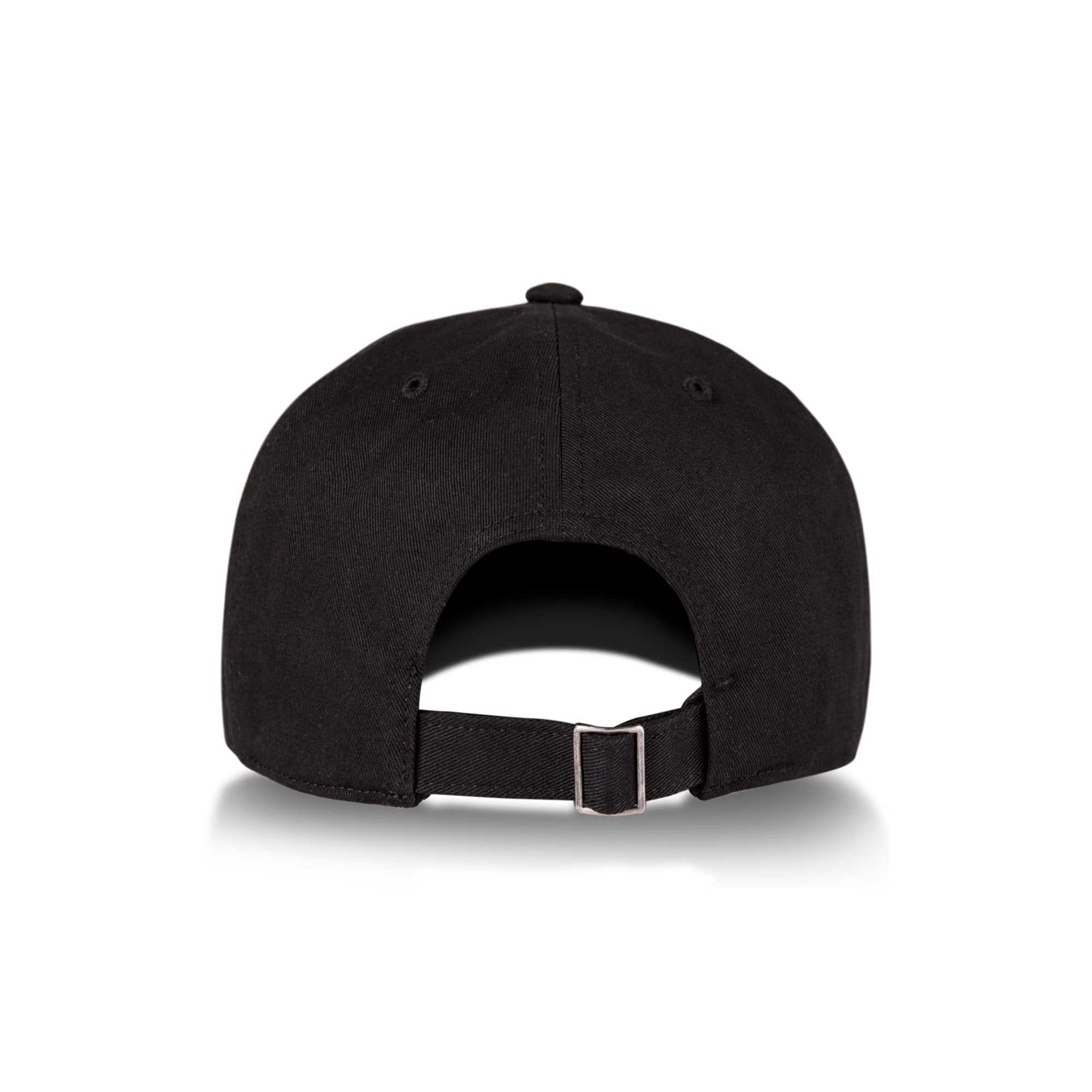 The Reebok Logo Cap is a black cotton twill cap with a classic curved design, visible panel stitching, and an adjustable buckle closure at the back for a custom fit.