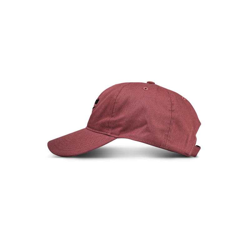 The Reebok Logo Cap is a maroon cotton twill hat with a curved brim, visible stitching, and an adjustable buckle closure at the back, shown in profile against a white background.