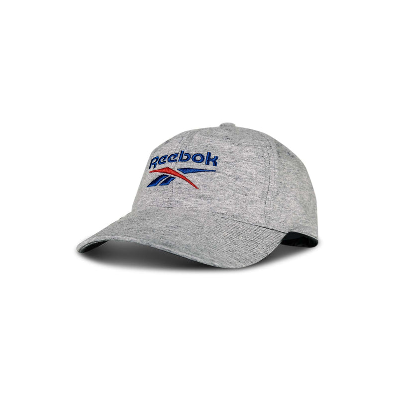 The Reebok Jersey Logo Cap is light gray with a curved brim and features the Reebok logo embroidered in blue, red, and black on the front. Shown on a white background.