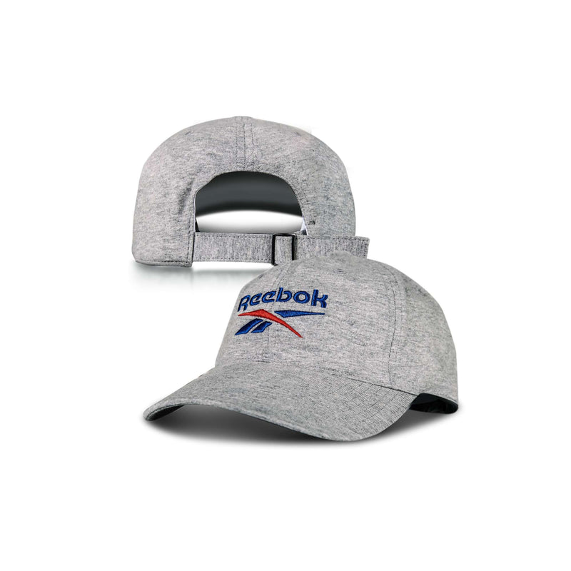 A grey Reebok Jersey Logo Cap shown from front and back, featuring a blue and red Reebok logo on the front and an adjustable strap at the back.