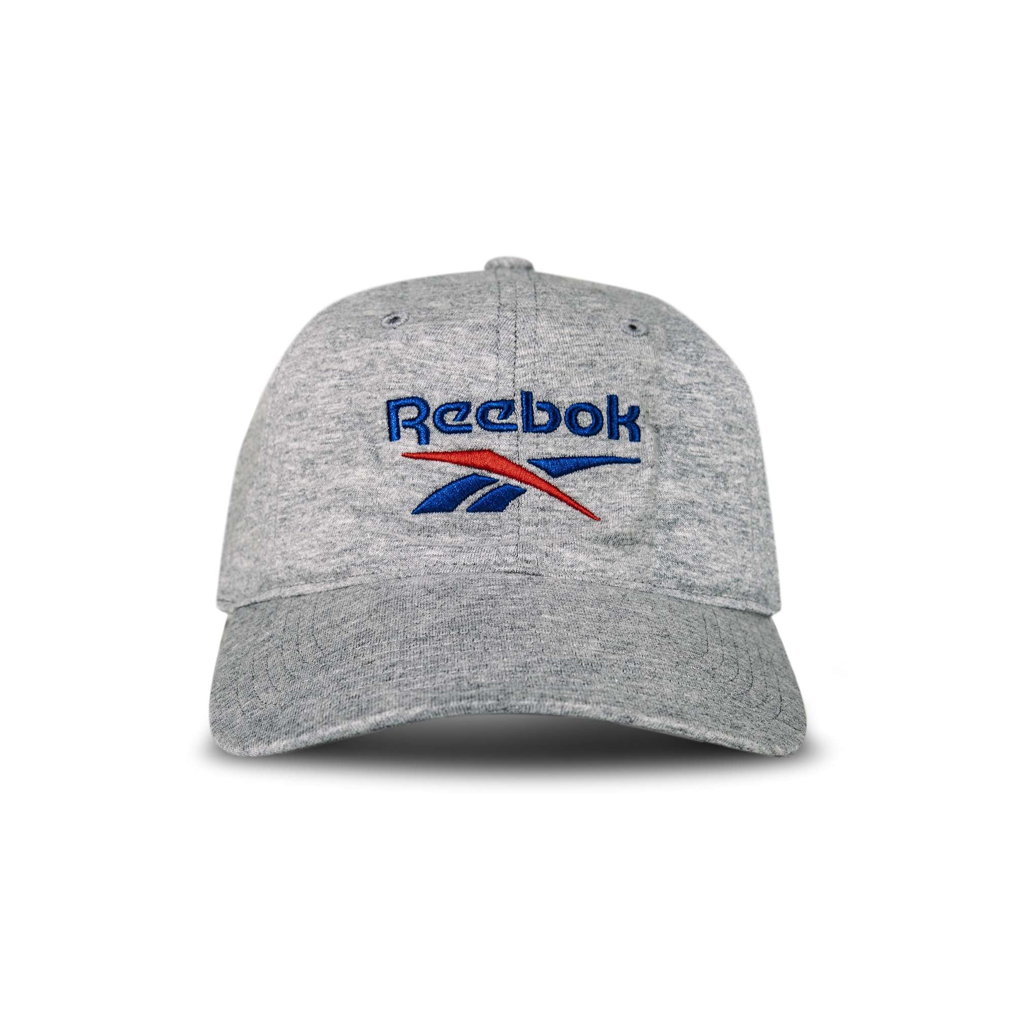 The Reebok Jersey Logo Cap is a light gray baseball cap with a curved brim and an embroidered blue and red Reebok logo on the front, shown against a white background.