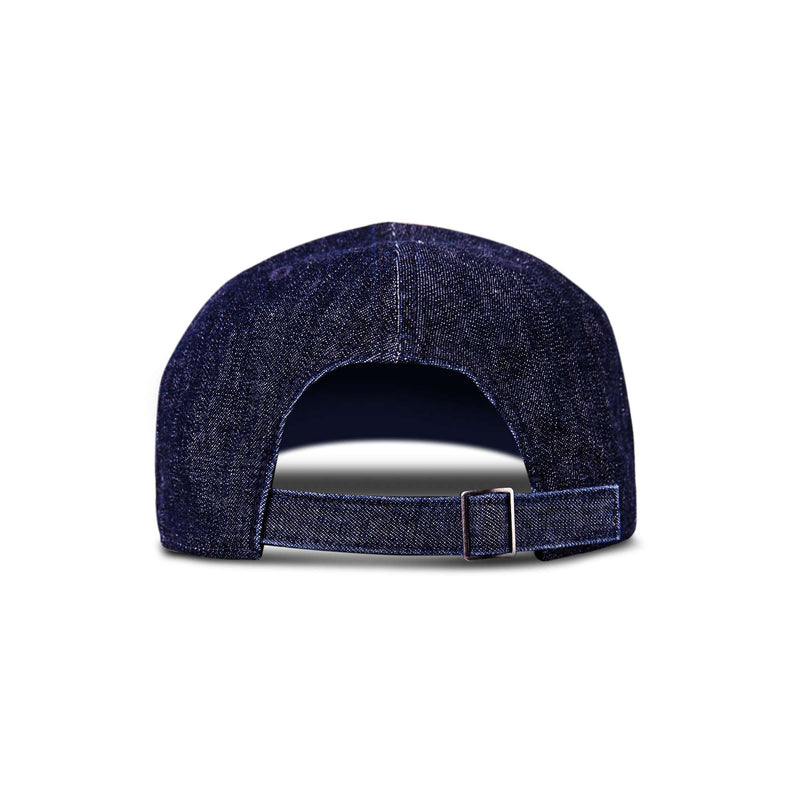 The Reebok Denim Logo Cap is shown from the back, featuring an adjustable strap with a metal buckle for easy size adjustment.