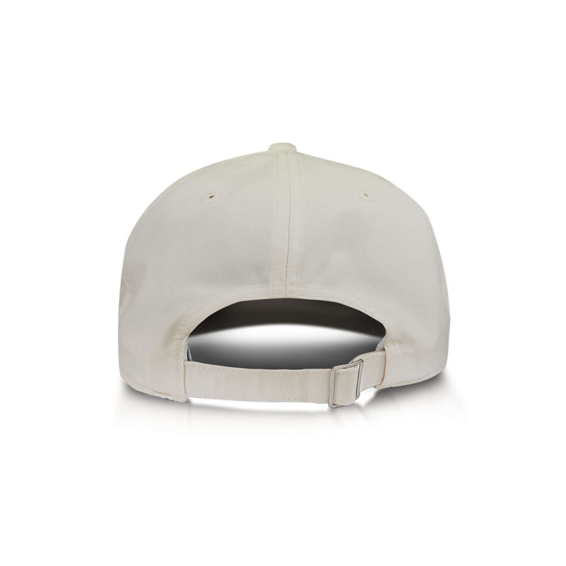 A back view of the Reebok Badge Cap, a plain white baseball cap featuring an adjustable strap and metal clasp, shown on a white background.