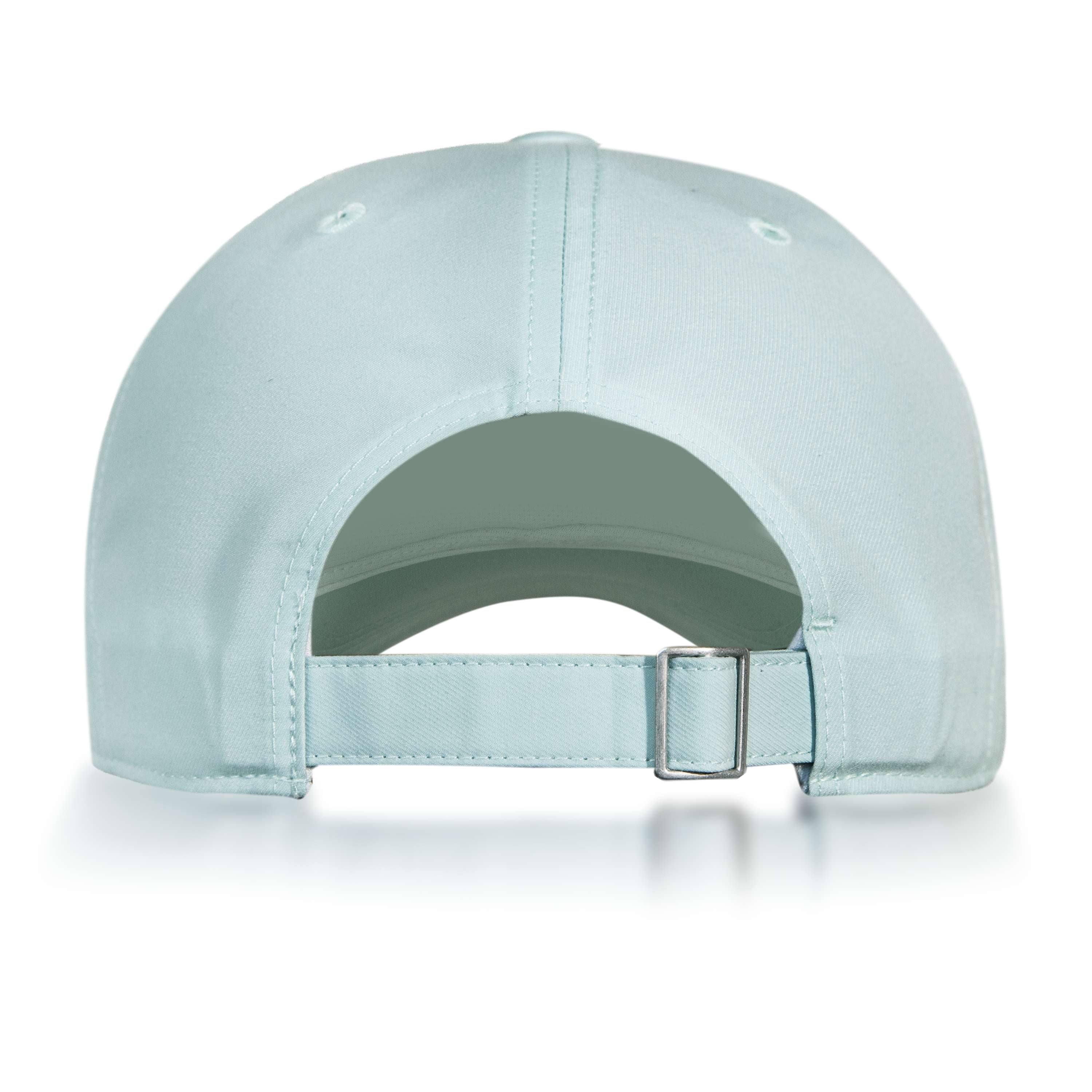 The Reebok Badge Cap in light blue is shown from the back, with an adjustable metal-buckle strap, stitched top-panel eyelets, and a moisture-wicking Speedwick sweatband for comfort.