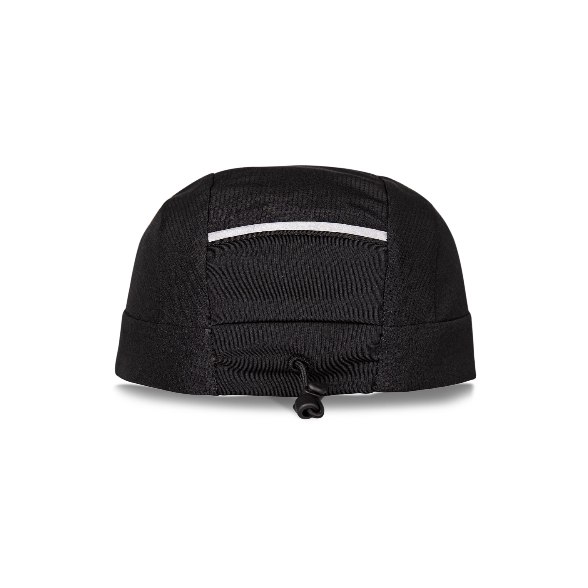 A black Reebok Running Cap is shown from the back, displaying a horizontal reflective strip near the top and an adjustable drawstring at the bottom center. The lightweight cap is set against a plain white background.