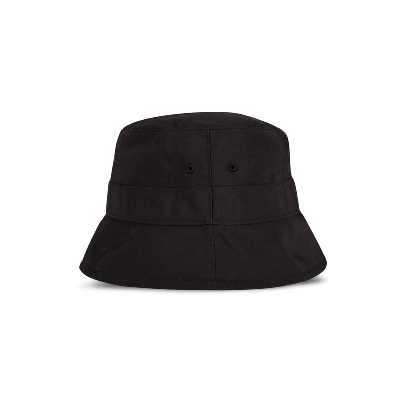 The Reebok Bucket Hat is plain black with a wide, downward-sloping brim and two side ventilation eyelets, shown on a white background.
