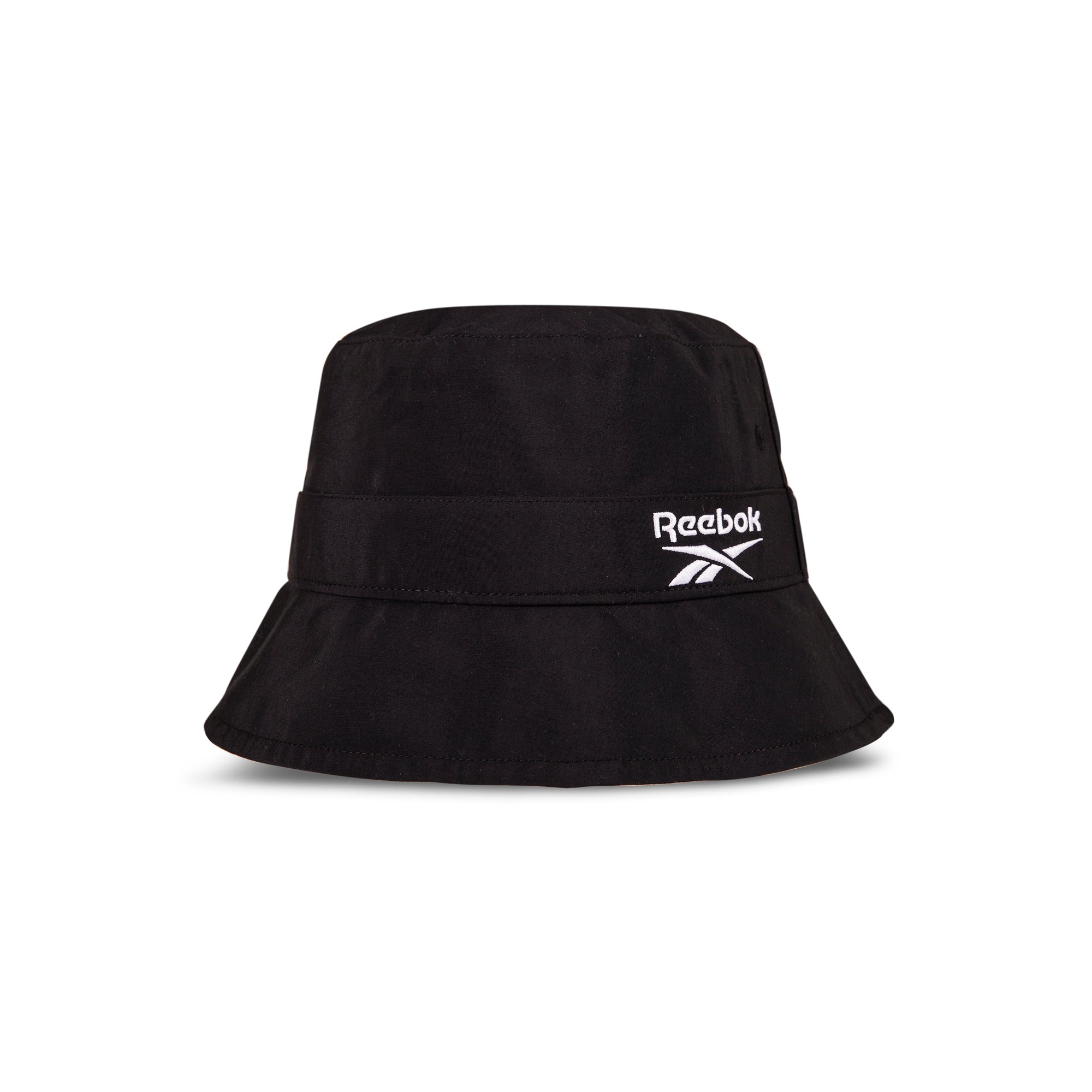 The Reebok Bucket Hat features a wide brim and an embroidered white Reebok logo on the front. Displayed against a plain white background.