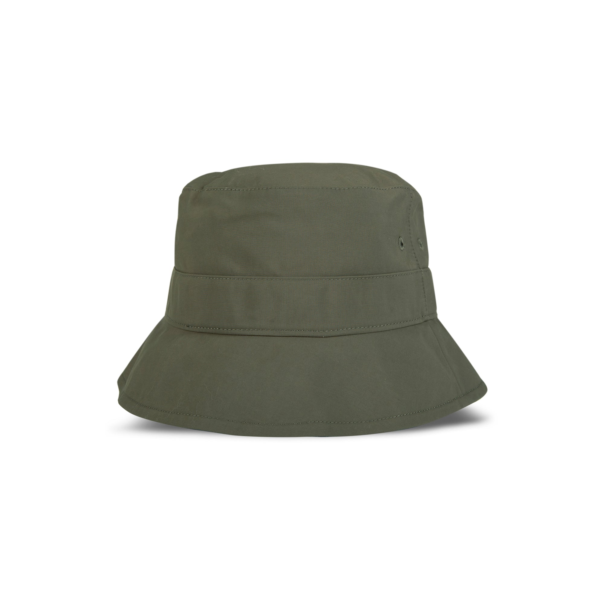 Olive green Reebok Bucket Hat featuring a wide brim and visible stitching, made from recycled nylon. A must-have streetwear accessory by Reebok, shown against a white background.