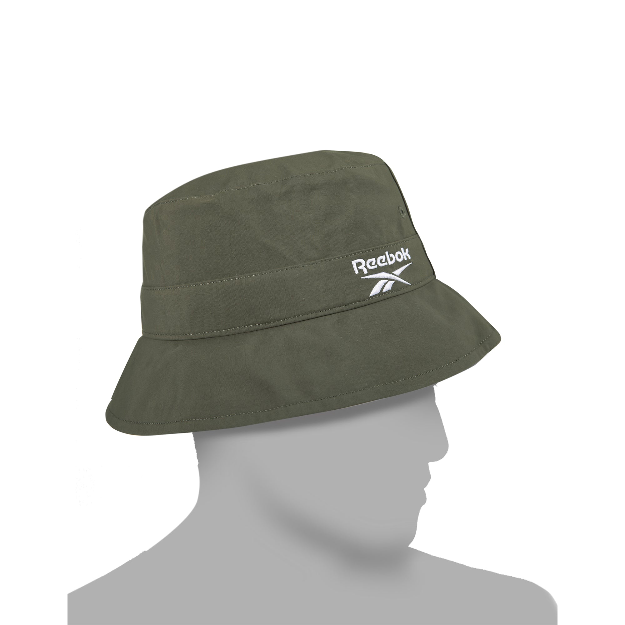 A mannequin wears a Reebok Bucket Hat in olive green, made from recycled nylon with a white embroidered logo on the front. The plain white background highlights this eco-friendly streetwear accessory.