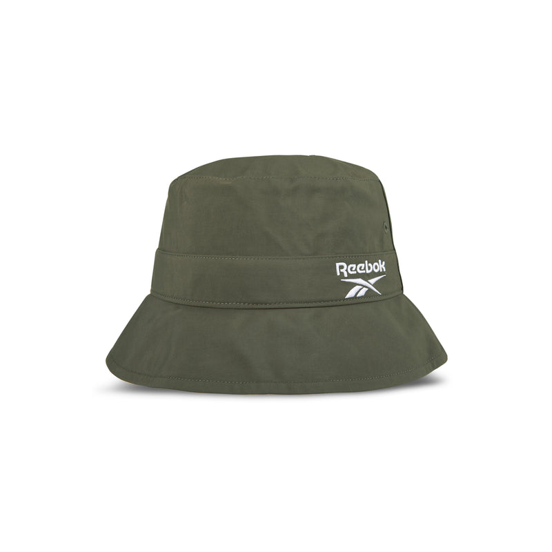 The Reebok Bucket Hat in olive green, crafted from recycled nylon, features a wide brim and white logo for standout streetwear style. Shown against a plain white background.