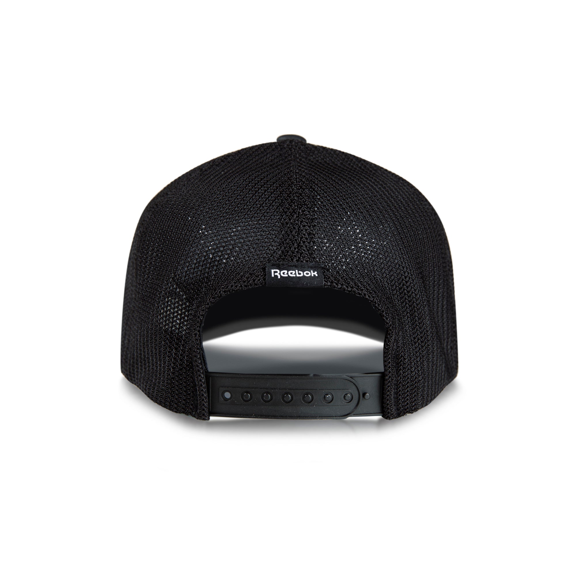 Back view of the Reebok Athletic Cap, crafted from recycled polyester with black mesh, an adjustable strap, and a small Reebok logo tag above the opening. The white background highlights its performance comfort design.
