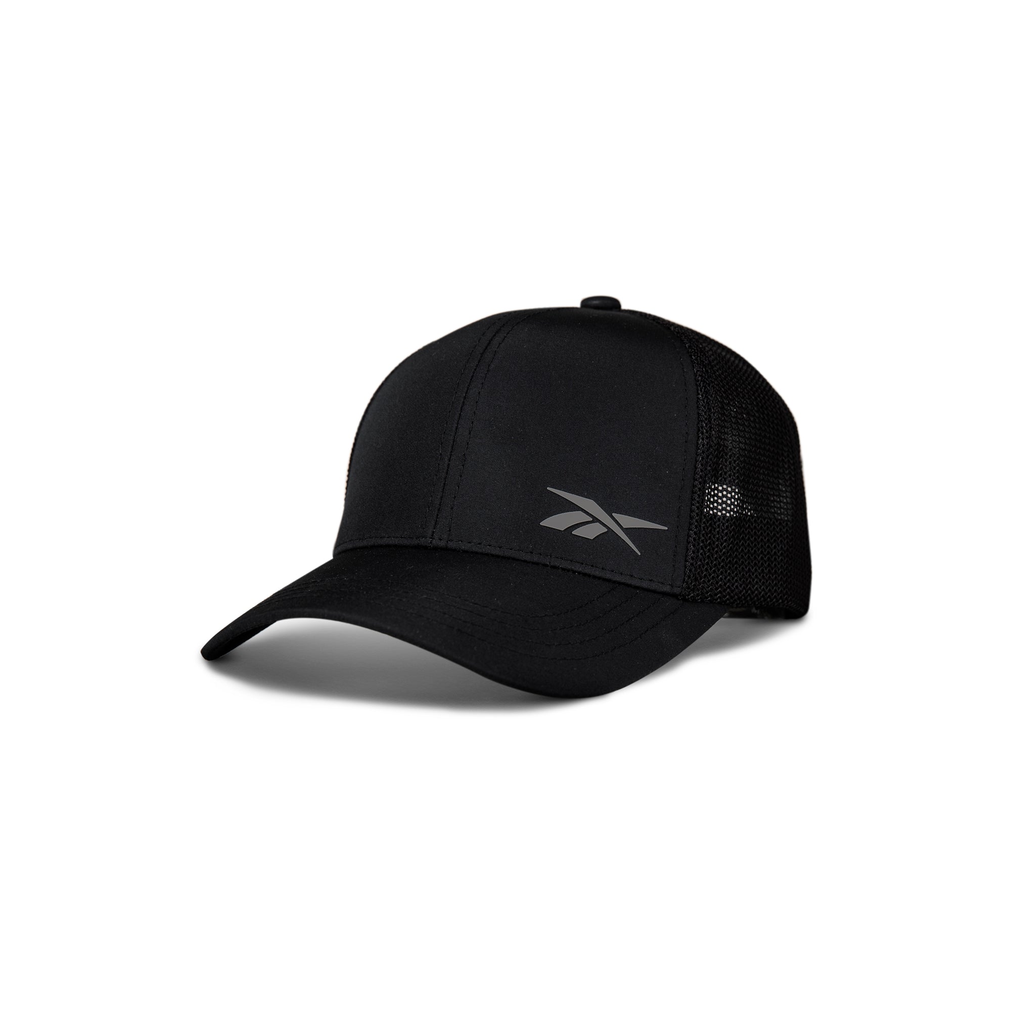The Reebok Athletic Cap is black with a mesh back and curved brim, made from recycled polyester for comfort. It features a small gray Reebok logo on the front panel and is shown against a white background.