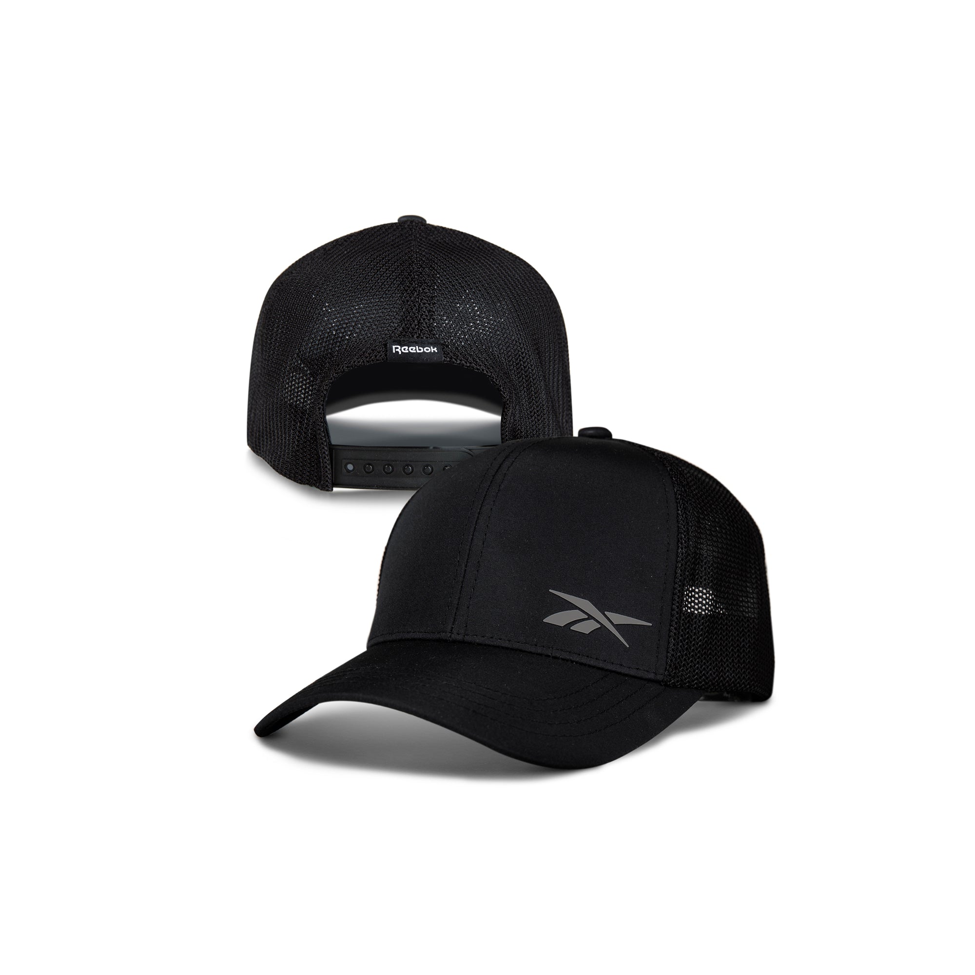 Two black Reebok Athletic Caps—crafted from recycled polyester for comfort—feature a gray Reebok logo with mesh panels on one, and an adjustable snapback with breathable mesh on the other.