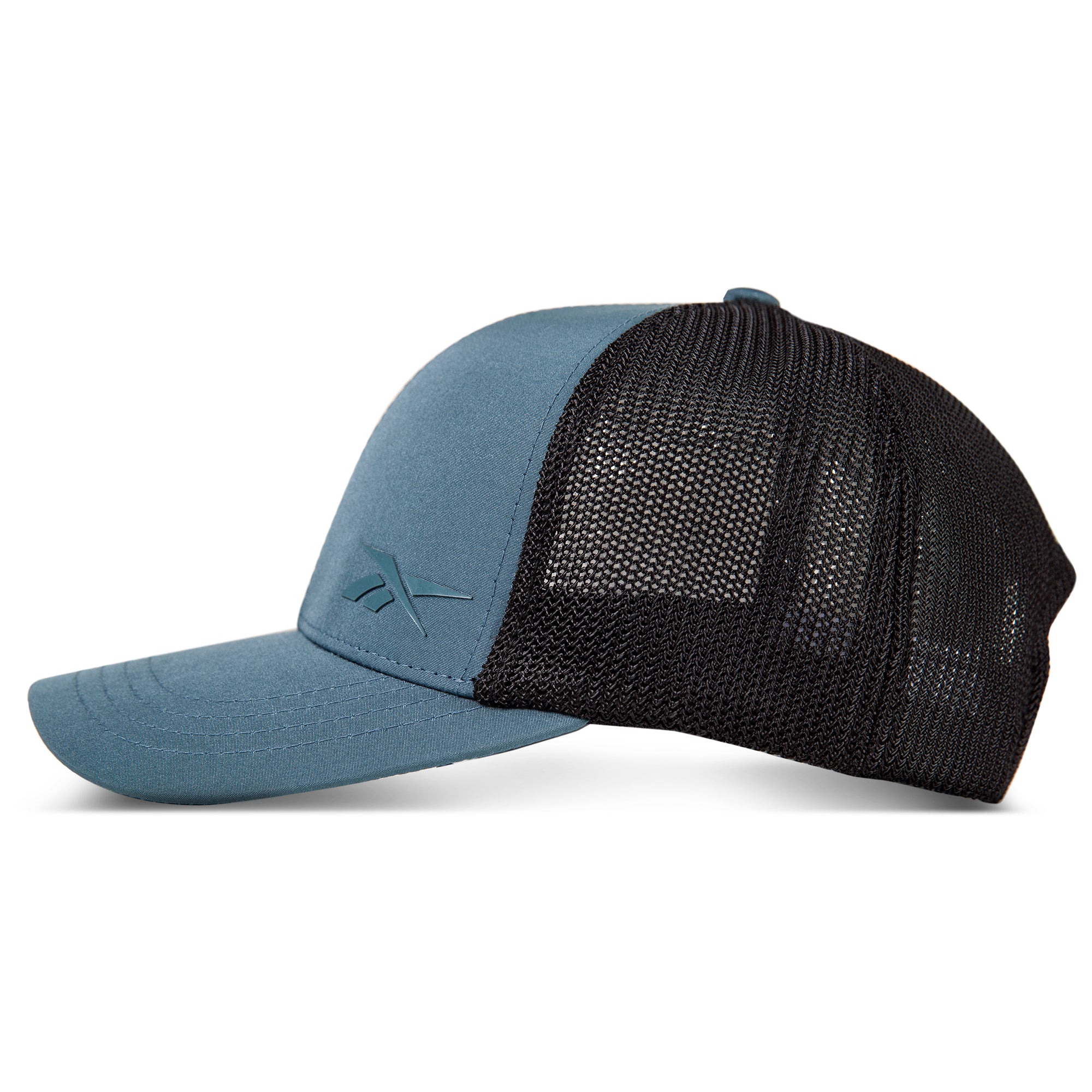 The Reebok Athletic Cap features a blue front with an embroidered logo, black mesh back panels for ventilation, a curved brim, and a moisture-wicking sweatband made from recycled polyester.