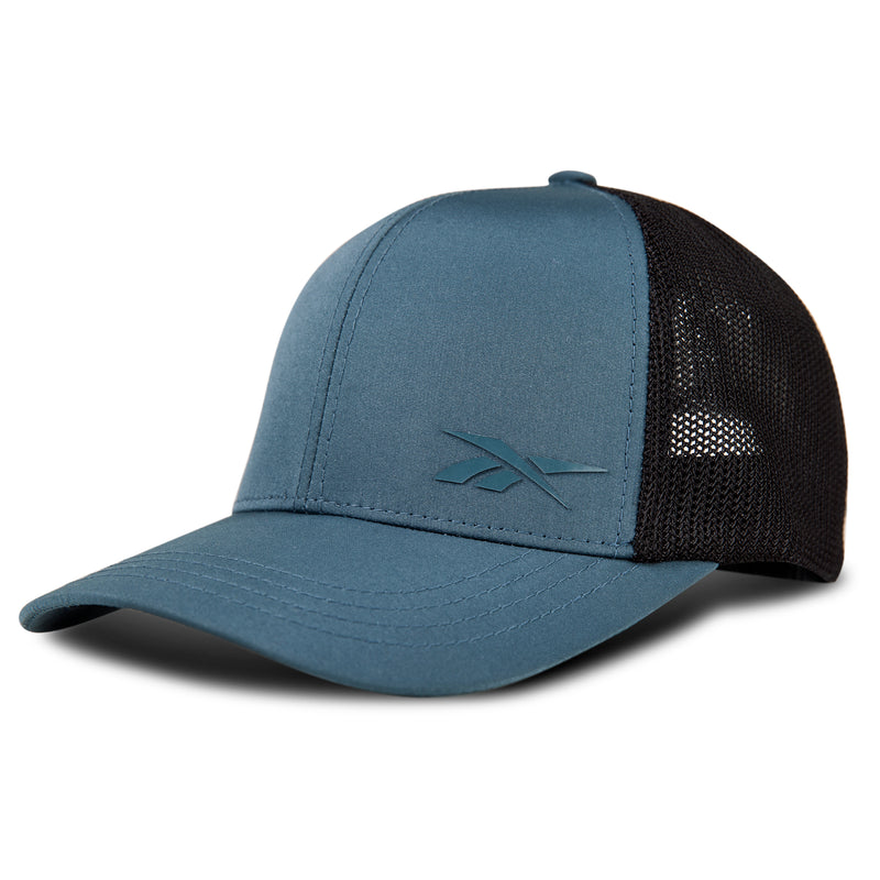 The Reebok Athletic Cap features blue front panels, a black mesh back, curved brim, moisture-wicking sweatband, and a minimalist stitched logo on the front left.