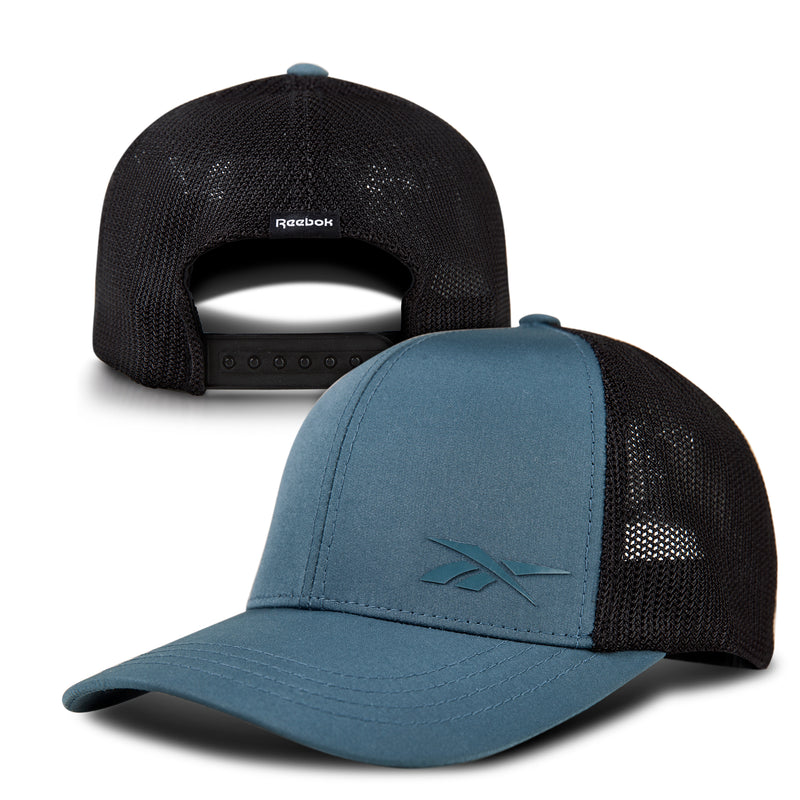 The Reebok Athletic Cap, shown front and back, features a blue curved brim, black mesh back, snapback closure, moisture-wicking sweatband, recycled polyester construction, and the Reebok logo on the front panel.