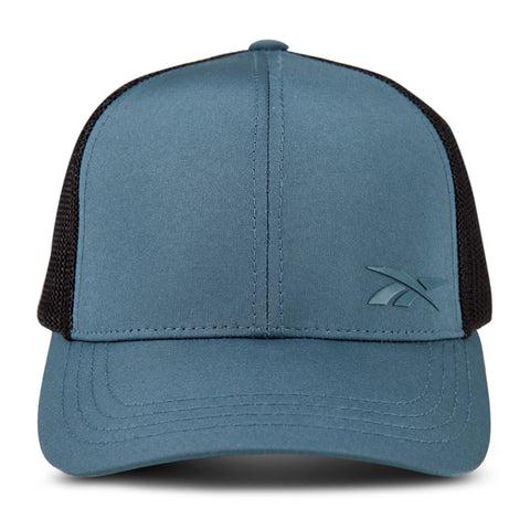 The Reebok Athletic Cap features black mesh sides, a curved brim, a subtle embossed logo on the front left panel, and a moisture-wicking sweatband for all-day comfort. Color: Blue.