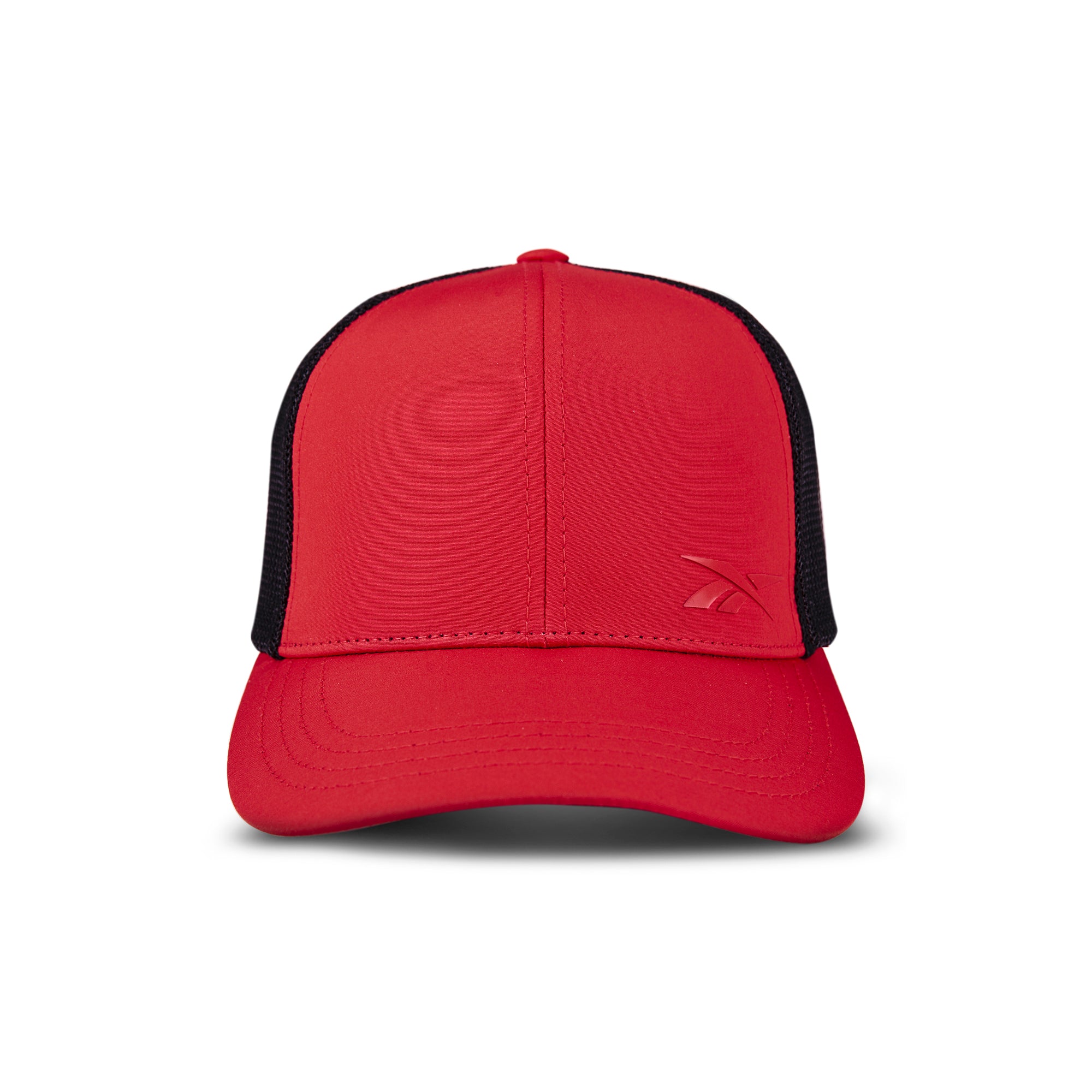 The Reebok Athlete Cap is a red baseball cap with black mesh sides and back, featuring a subtle embossed logo on the front panel, shown against a white background.