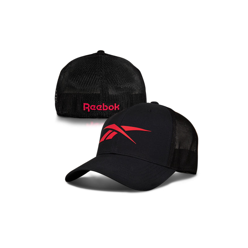 Two black Reebok Elite Caps: one with a red Reebok logo on the front, the other with "Reebok" in red on the back.