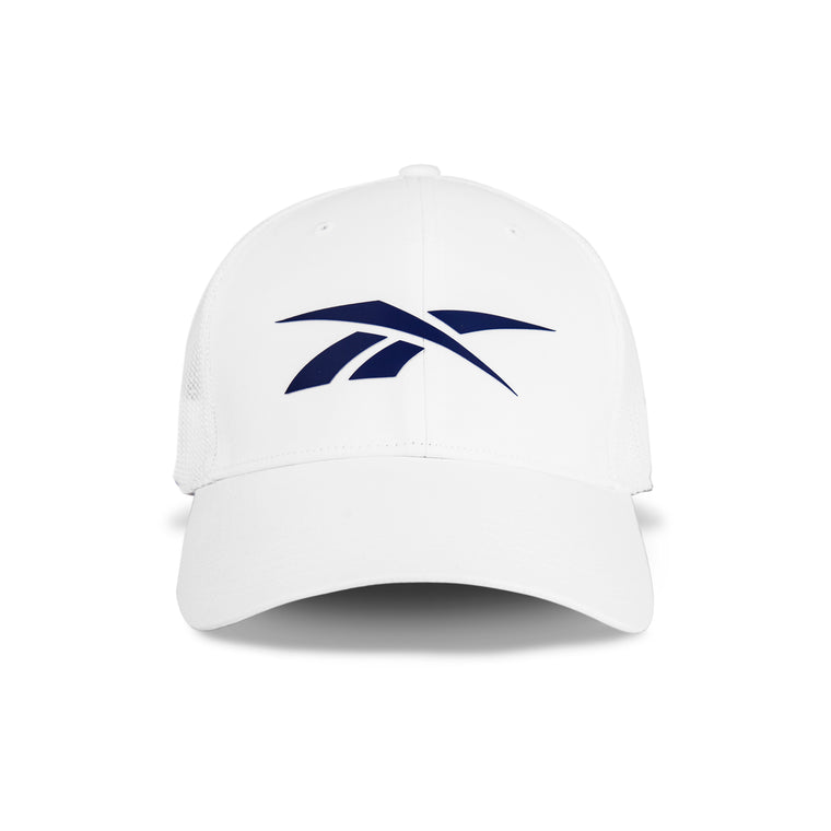 The Reebok Elite Cap is a white stretch mesh hat with a curved brim, structured crown, and a bold navy logo on the front center panel for comfort and standout style.