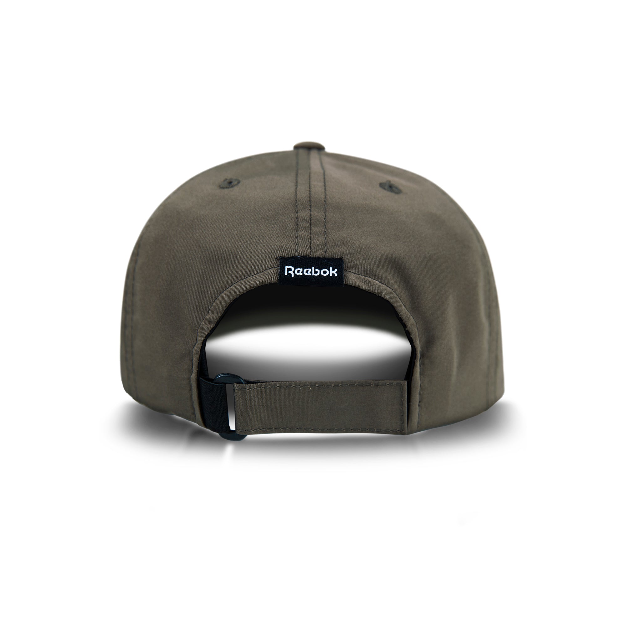 A rear view of the Reebok Flow Cap in olive green, made from recycled polyester, with a black adjustable strap, moisture-wicking sweatband, and a small Reebok logo tag above the opening.
