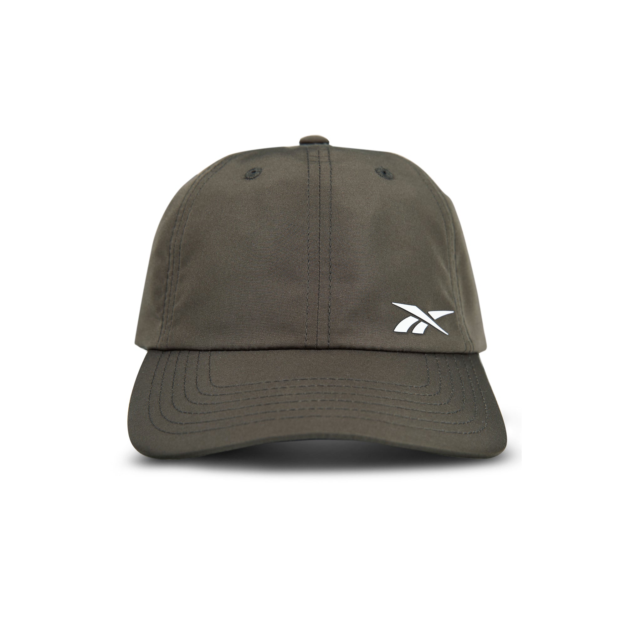 Front view of the Reebok Flow Cap in dark olive green, showcasing a curved brim, white embroidered Reebok logo, visible stitching, two eyelets for ventilation, and a moisture-wicking sweatband. Made from recycled polyester for comfort.