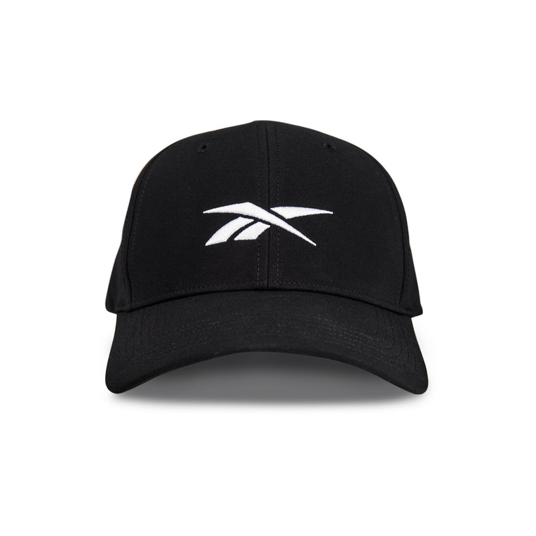 The Reebok Range Cap is a black baseball cap with a curved brim and a white Reebok logo on the front, shown from the front on a plain white background.