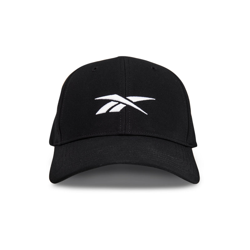 The Reebok Range Cap is a black baseball cap with a curved brim and a white Reebok logo on the front, shown from the front on a plain white background.