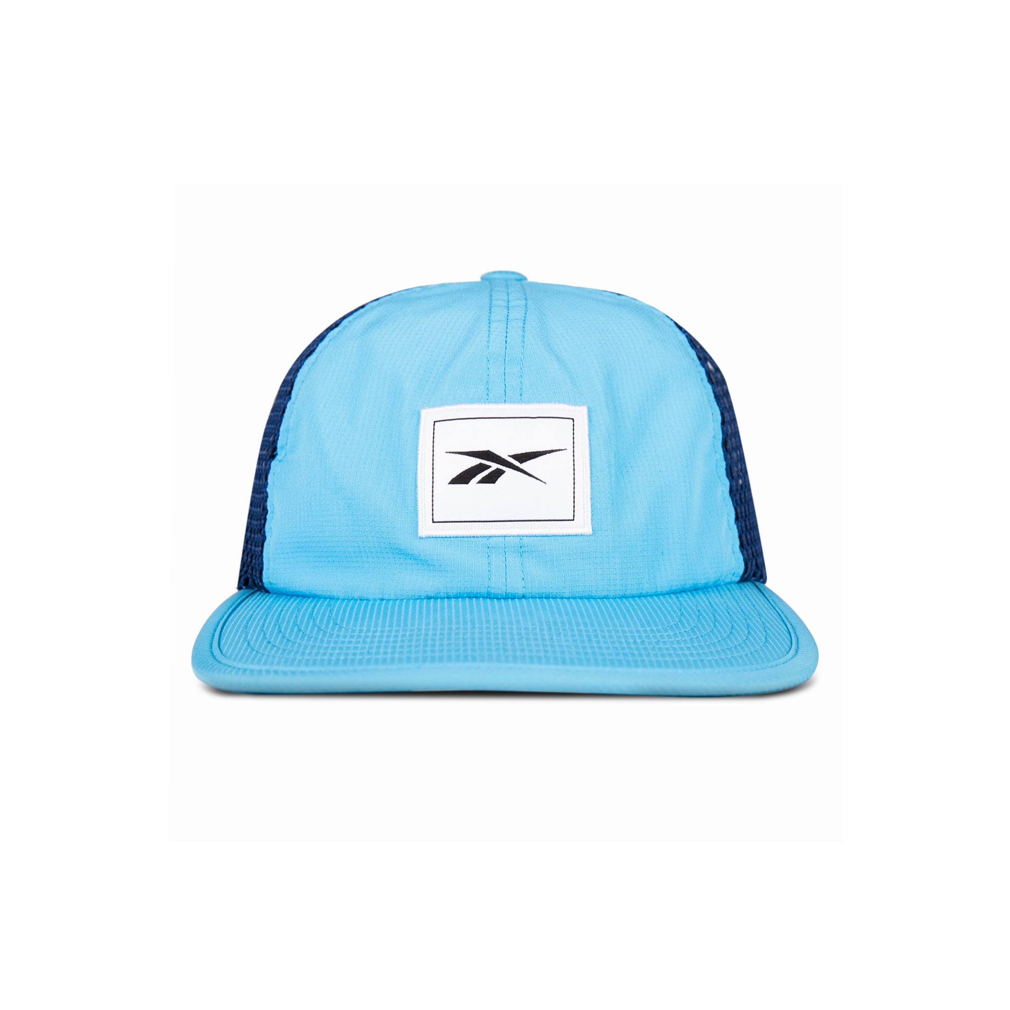 The Reebok Vented Flat Brim Running Cap in light blue and navy features a white front patch with the black Reebok logo, shown against a plain white background.