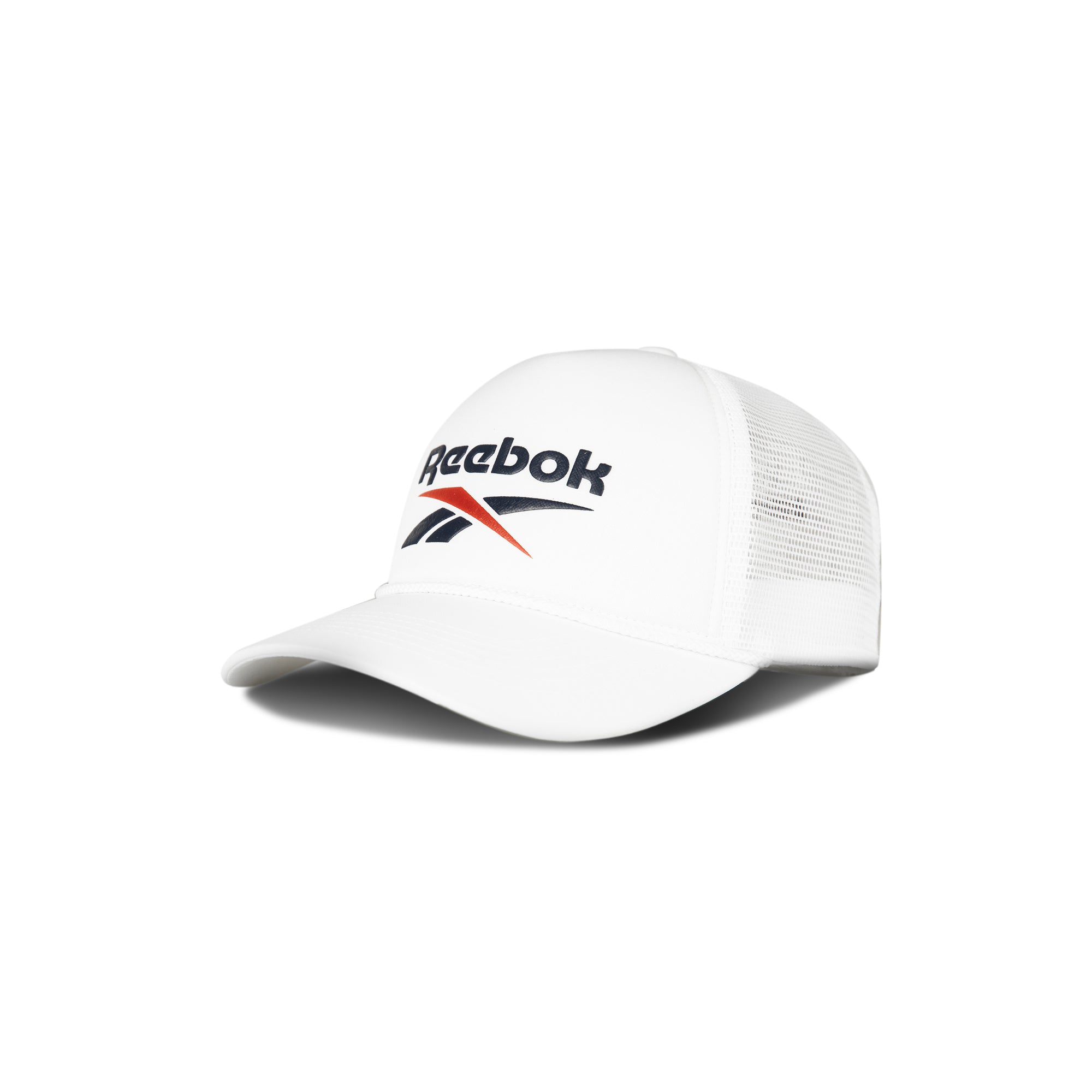 The Reebok Deluxe Aero Cap features a curved brim, breathable mesh back, navy and red Reebok logo, and a moisture-wicking sweatband. Shown against a plain white background.