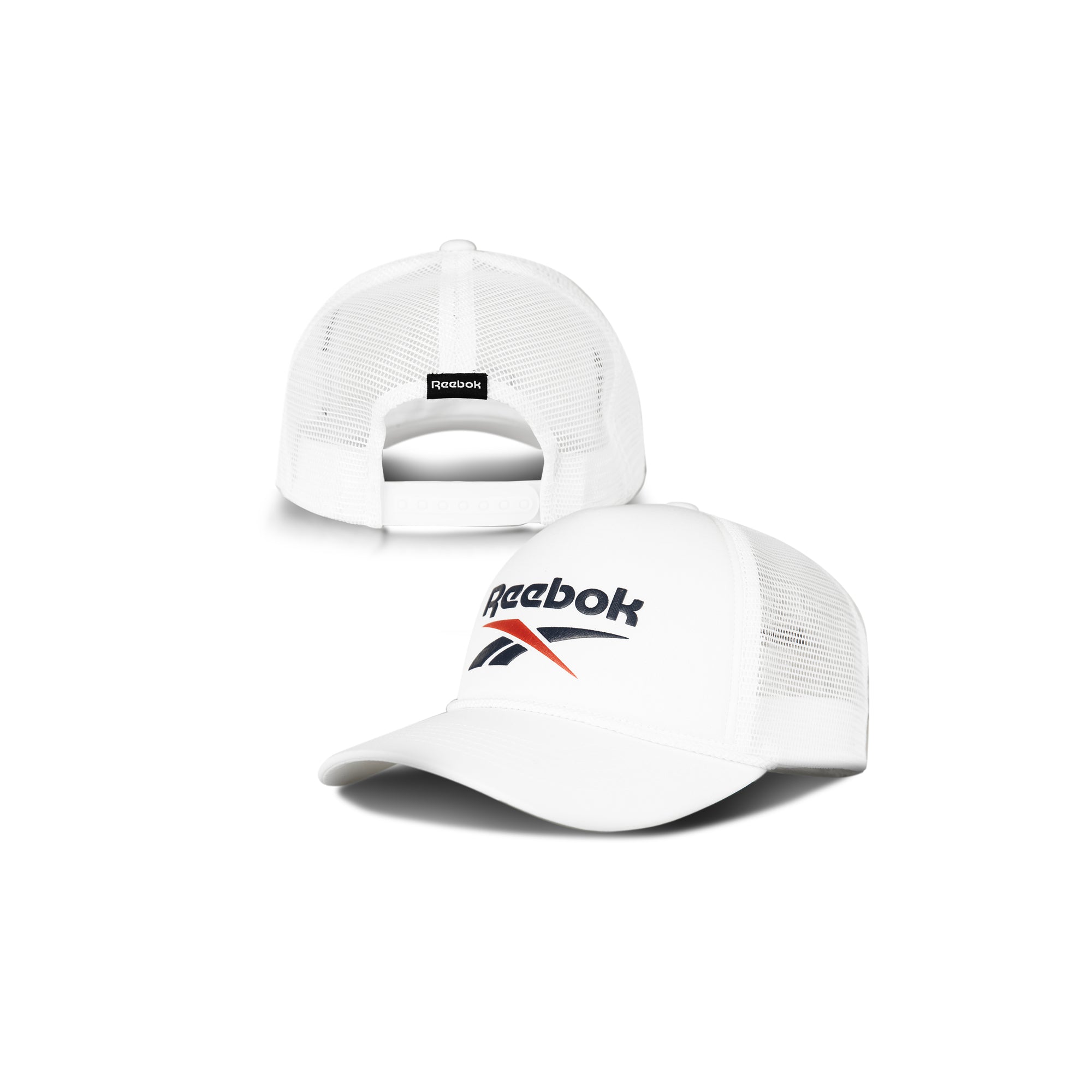 Two angles of the Reebok Deluxe Aero Cap are shown: one displays the front with the Reebok logo and colorful design, while the other highlights its breathable mesh construction and adjustable snap closure.