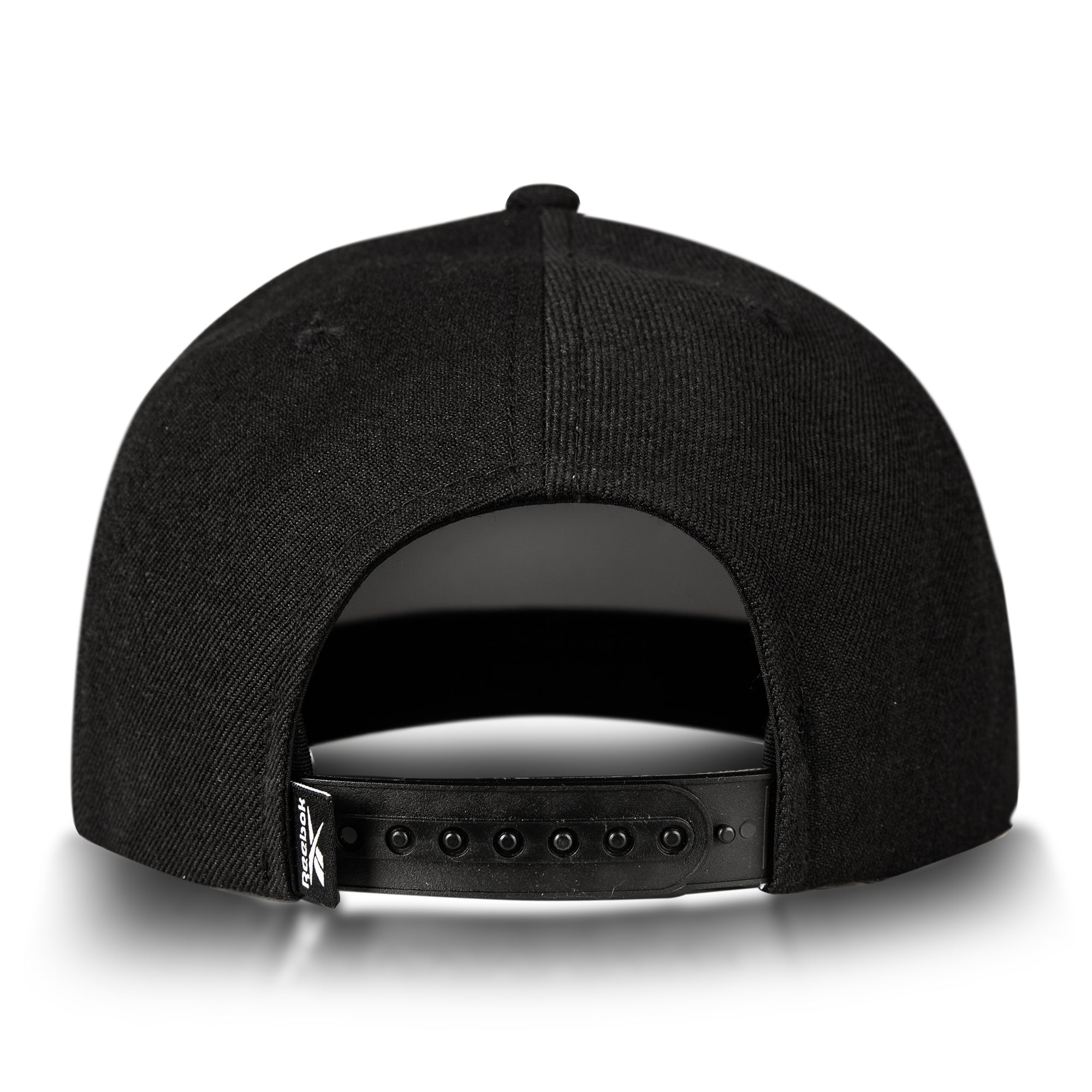 Black cap with a brand logo on the back on a white background
