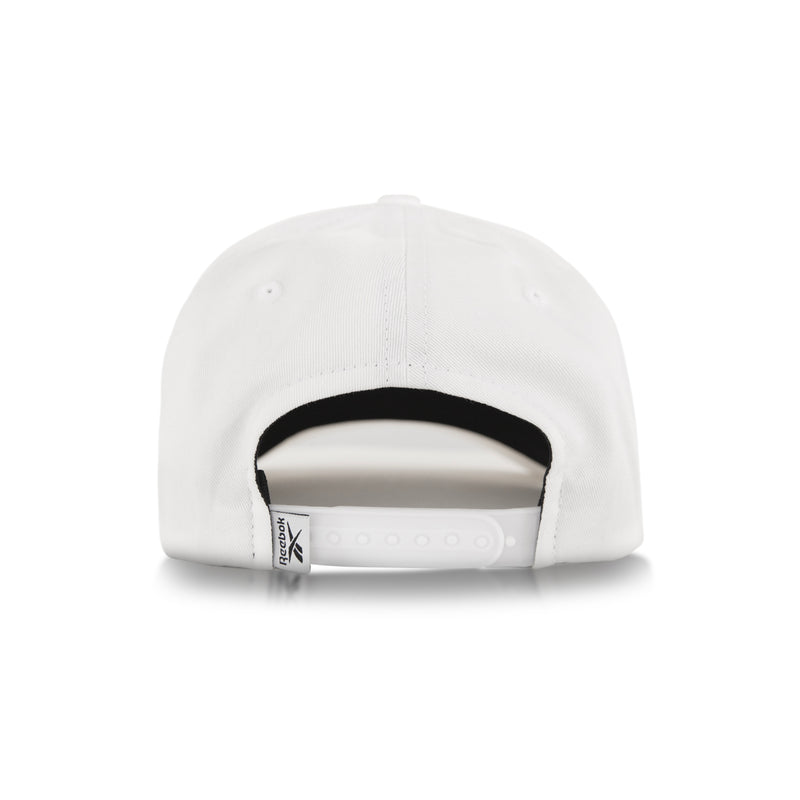 Back view of the Reebok Classic 5 Cap in white, featuring a 5-panel silhouette, adjustable plastic snap closure, and a small white tag on the left side.