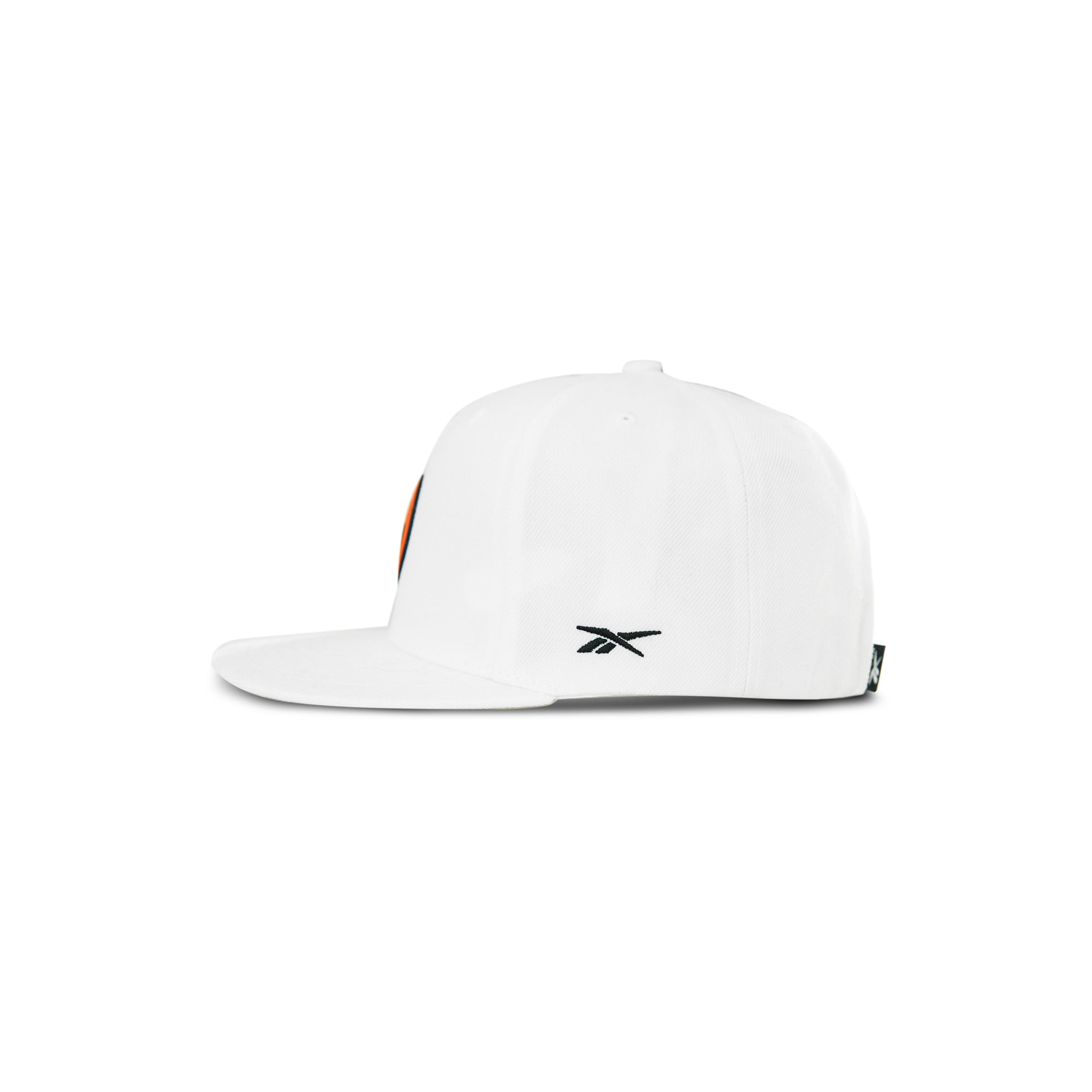 Side view of the Reebok Pump Hat, a white flat brim cap with a small black Reebok logo embroidered on the side. Features an adjustable snap closure for a custom fit. Plain white background.