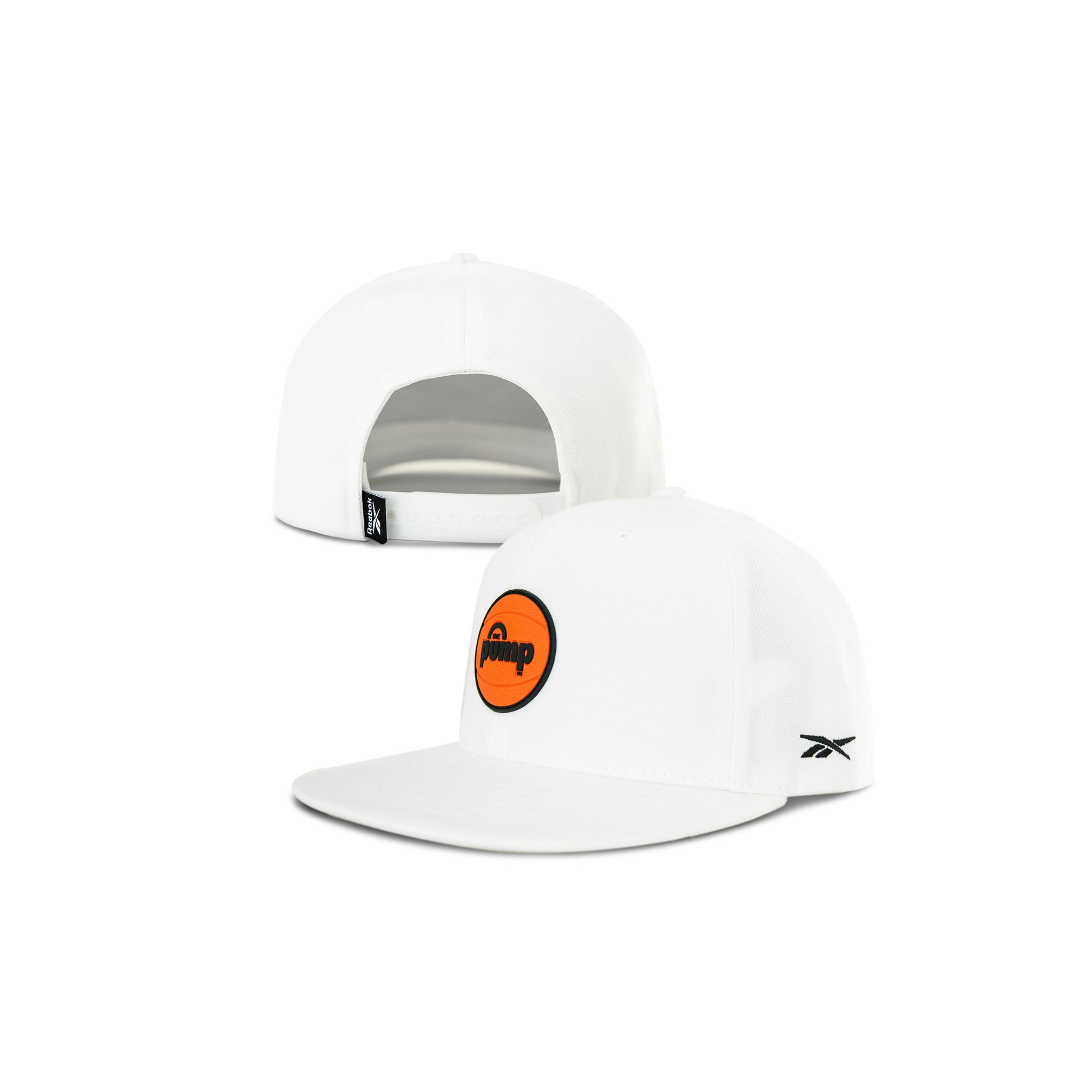 Two white Reebok Pump Hats are shown: one highlights the orange circular Pump patch on the front, while the other shows the adjustable snap closure. Both flat brim hats feature a small black Reebok logo on the side.