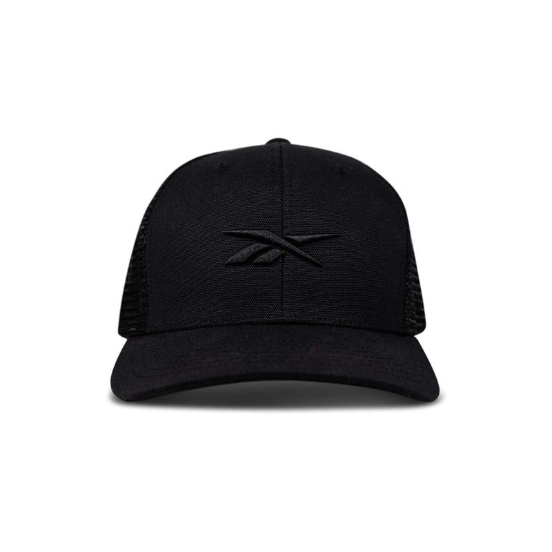 Front view of the Reebok Embroidered Vector Trucker Cap in black, featuring a curved brim, mesh back, and embroidered black Reebok logo on the front panel. Shown against a plain white background.