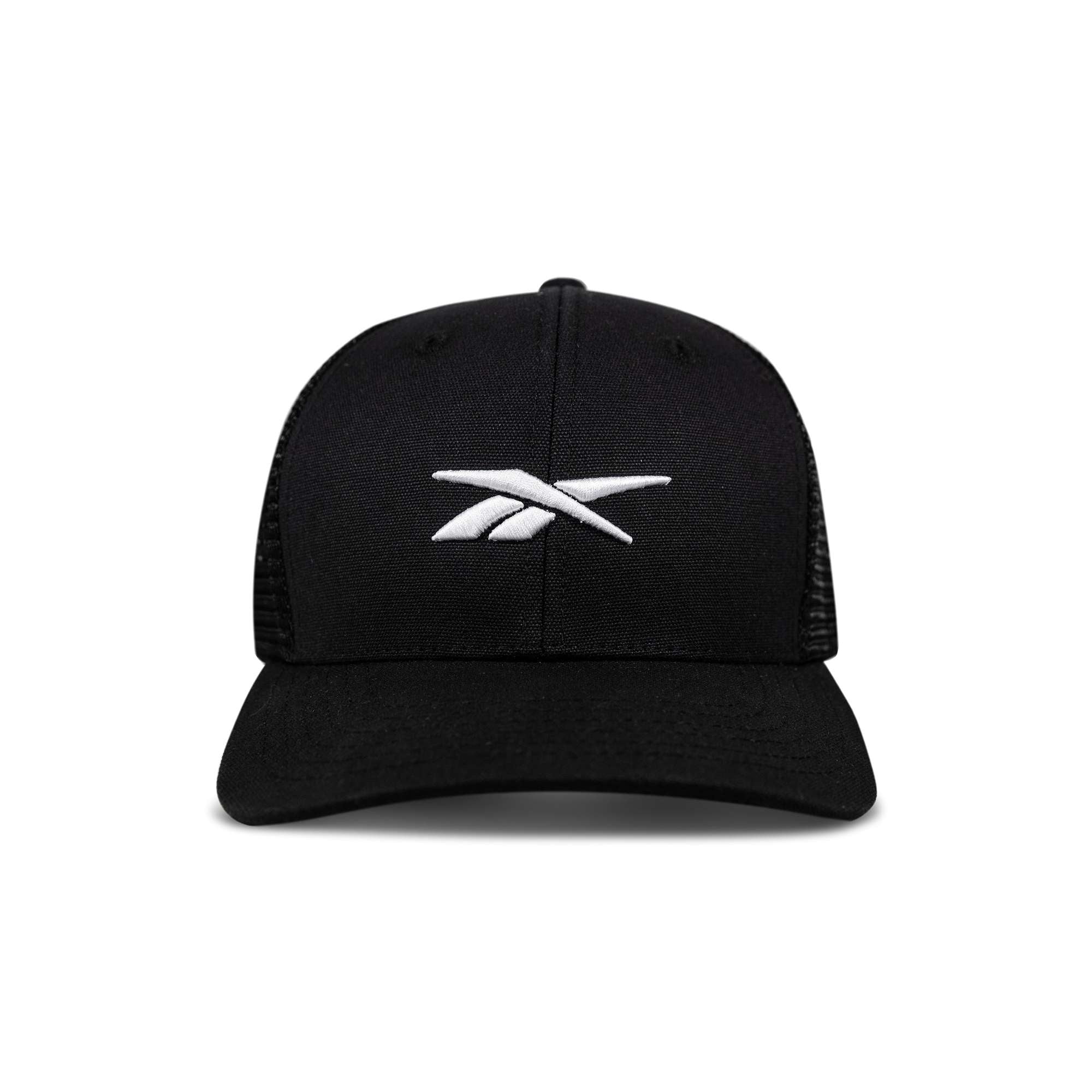 The Reebok Embroidered Vector Trucker Cap is shown from the front against a white background, featuring a black design with a white embroidered Reebok logo on the front.