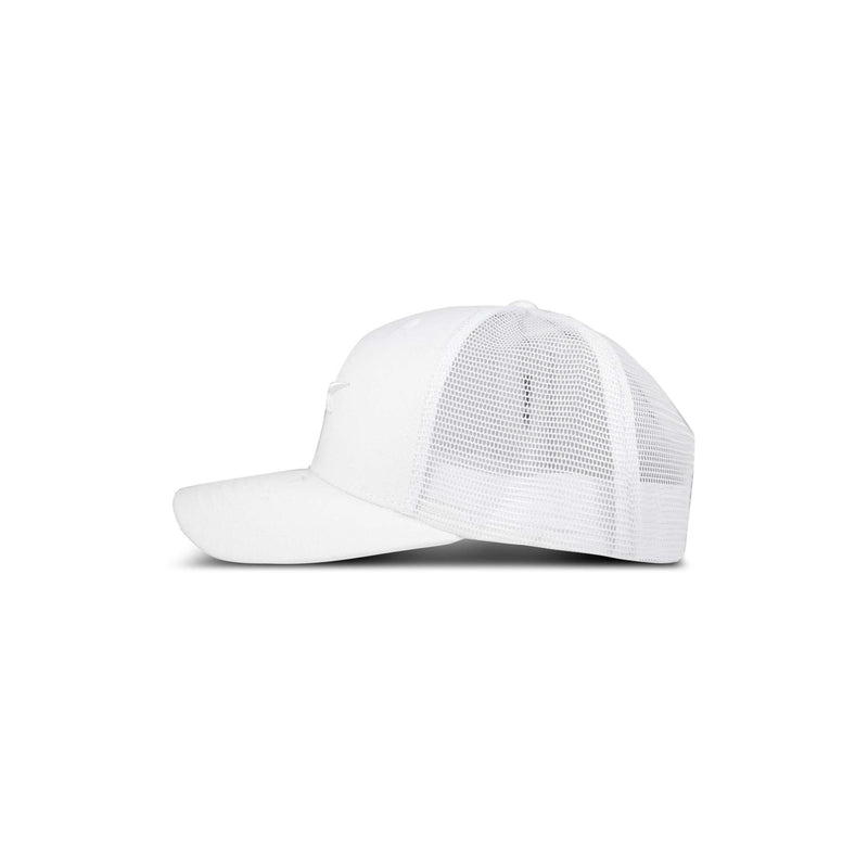 Side view of the Reebok Embroidered Vector Trucker Cap featuring a plain white design, curved brim, and mesh back panels, displayed on a white background.